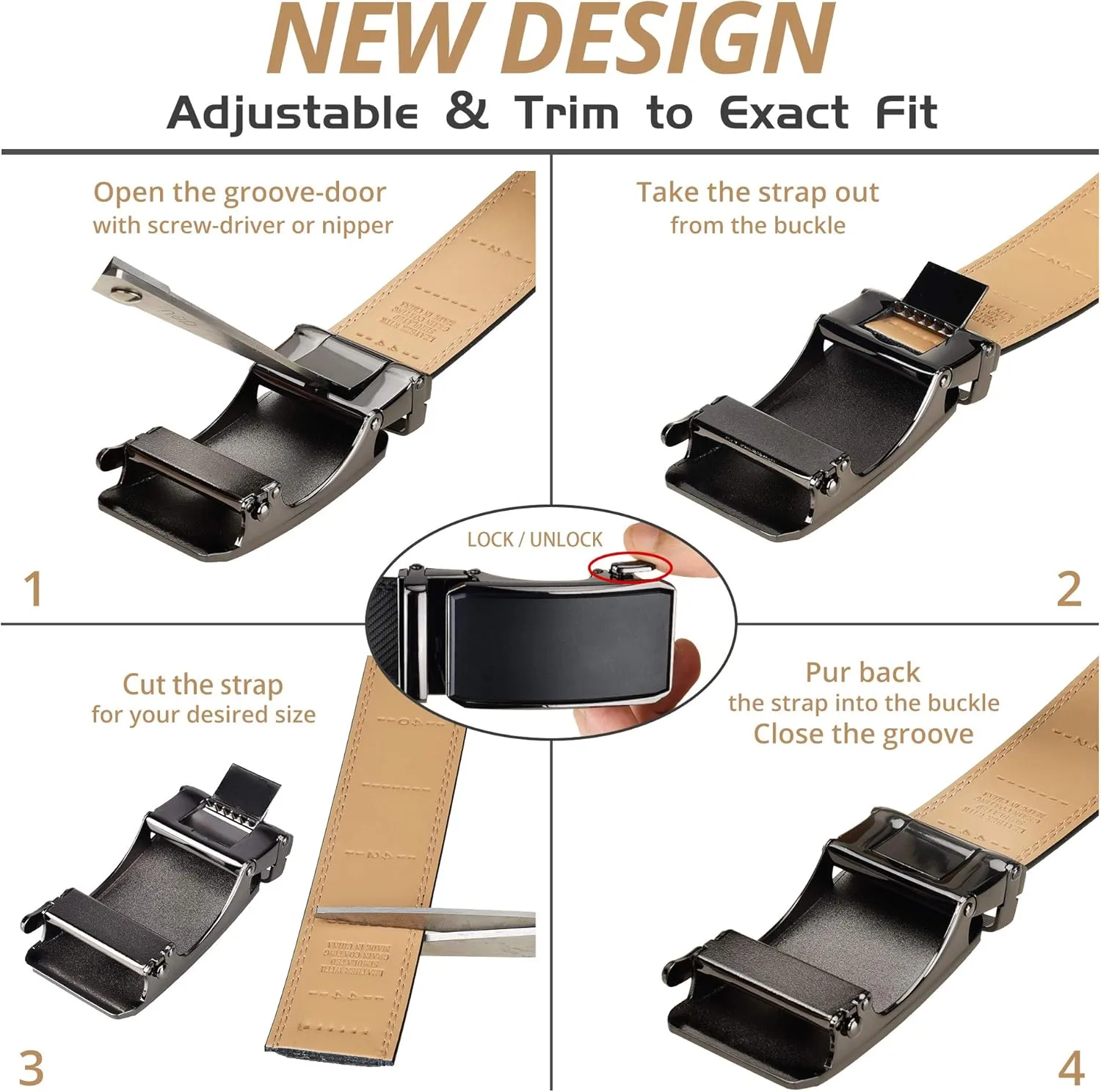 28"-68" Men's Leather Ratchet Dress Belt Big And Tall With Automatic Buckle