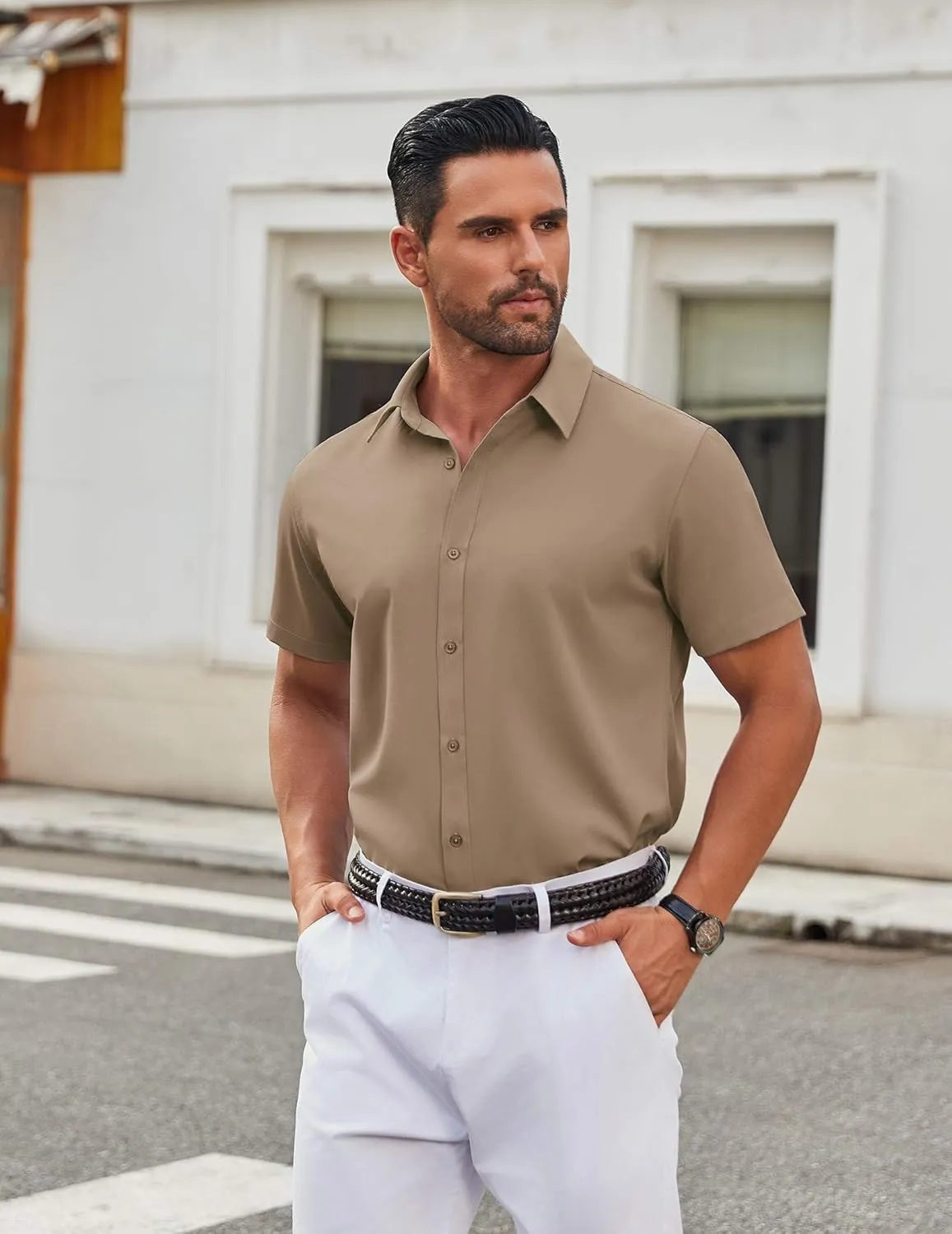 COOFANDY Men's Stretch Dress Shirts Short Sleeve Wrinkle Free Casual Button Down Shirts