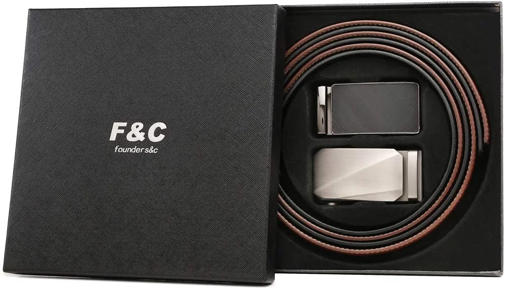 Founders & C Mens Belt 2 Pack,Leather Ratchet Click Belt Dress with Slide Buckle 1 3/8" in Gift Set Box- Size Adjustable