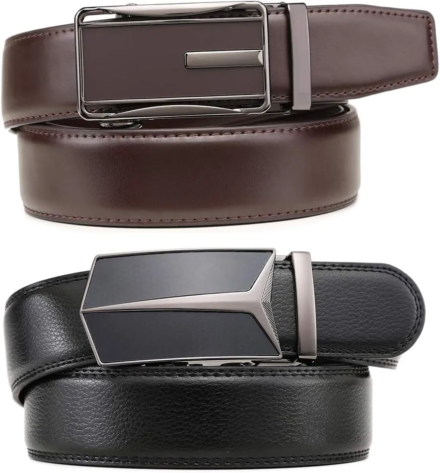 Founders & C Mens Belt 2 Pack,Leather Ratchet Click Belt Dress with Slide Buckle 1 3/8" in Gift Set Box- Size Adjustable