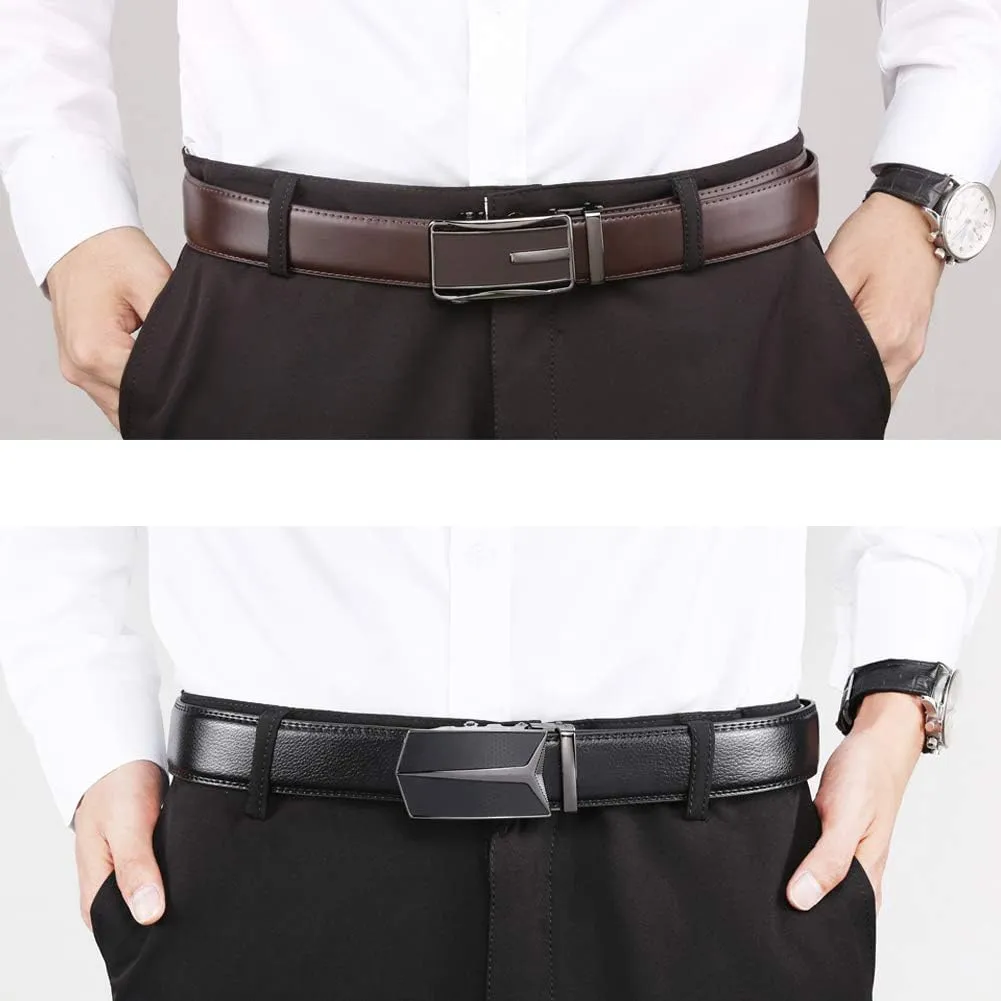 Founders & C Mens Belt 2 Pack,Leather Ratchet Click Belt Dress with Slide Buckle 1 3/8" in Gift Set Box- Size Adjustable