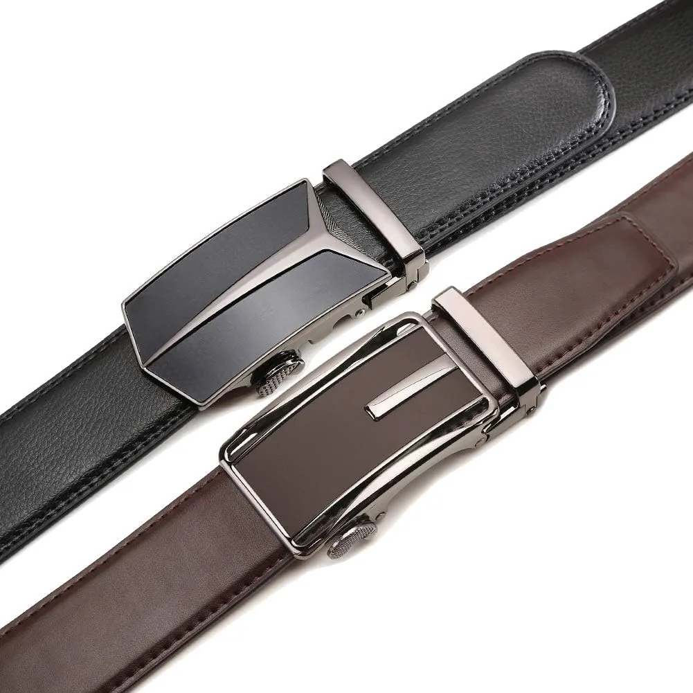 Founders & C Mens Belt 2 Pack,Leather Ratchet Click Belt Dress with Slide Buckle 1 3/8" in Gift Set Box- Size Adjustable