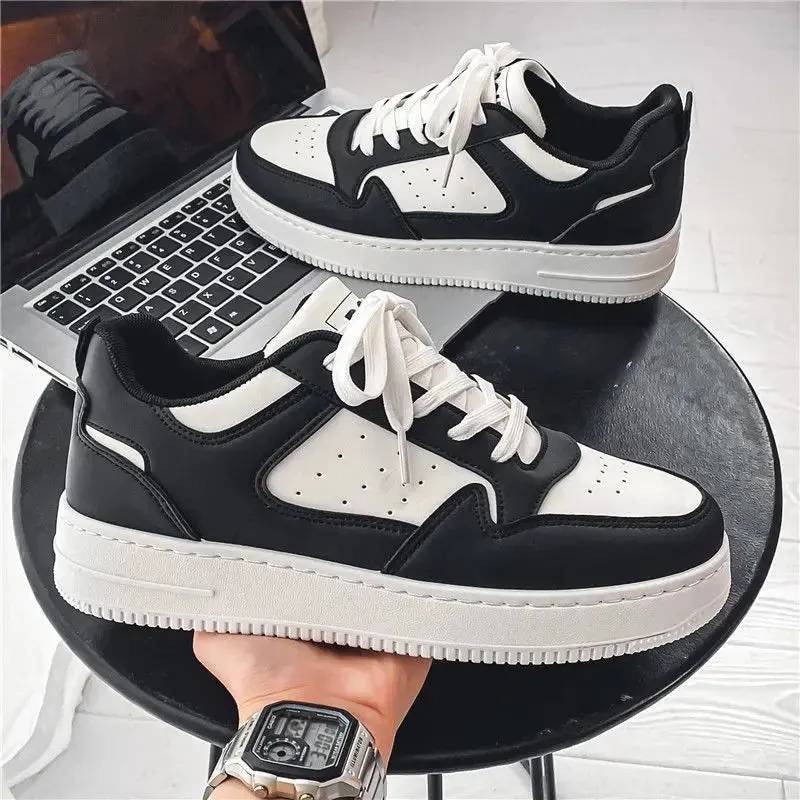 Men’s Fashion White Sneakers | Lace-Up Skateboard Shoes with Thick Sole | Versatile Vulcanized Footwear