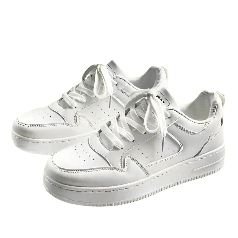 Men’s Fashion White Sneakers | Lace-Up Skateboard Shoes with Thick Sole | Versatile Vulcanized Footwear