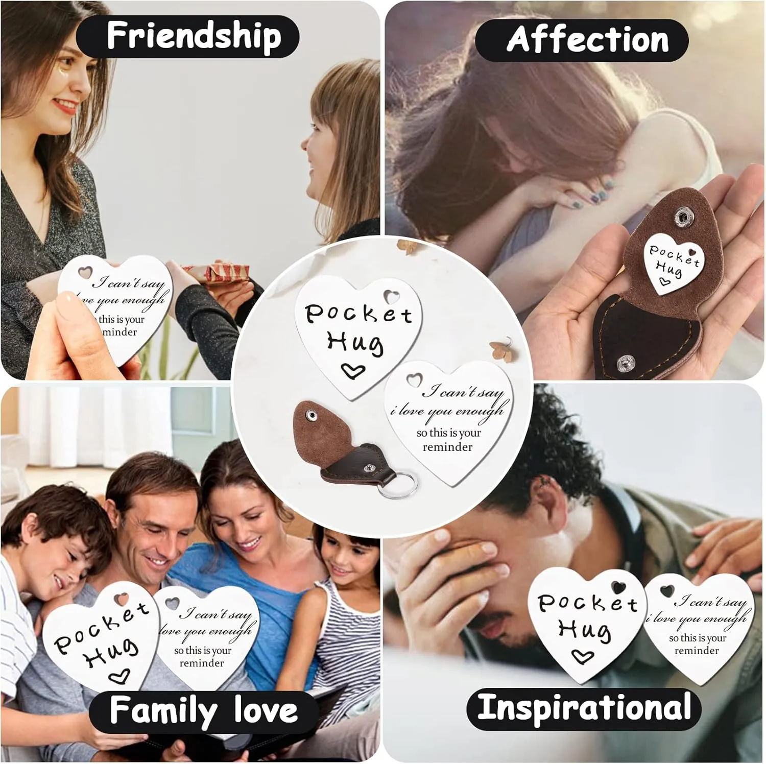 Qunrwe Pocket Hug Token,Long Distance Gifts Keepsake,Double Sided Inspirational Thinking of you Gift with Leather Keychain
