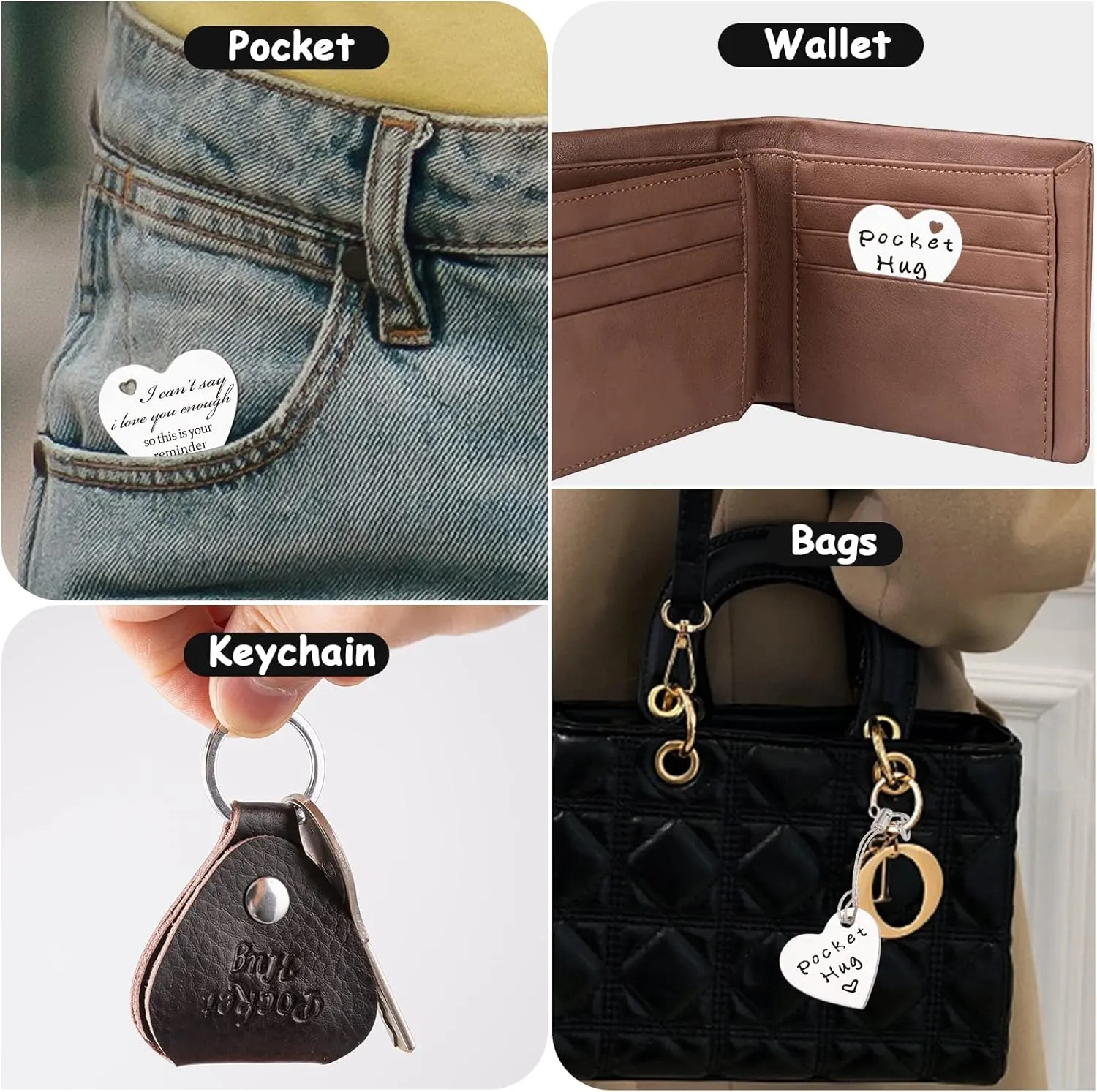 Qunrwe Pocket Hug Token,Long Distance Gifts Keepsake,Double Sided Inspirational Thinking of you Gift with Leather Keychain