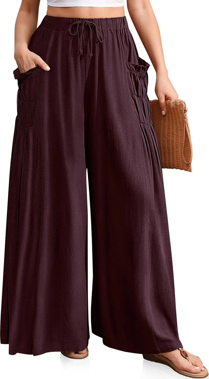 TARSE Women Linen Palazzo Pants Summer Wide Leg Boho Drawstring Casual Lounge Pant Beach Travel Vacation Outfits