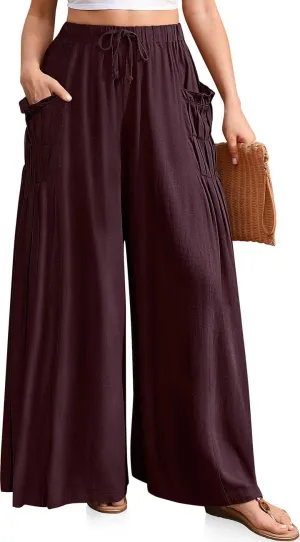 TARSE Women Linen Palazzo Pants Summer Wide Leg Boho Drawstring Casual Lounge Pant Beach Travel Vacation Outfits